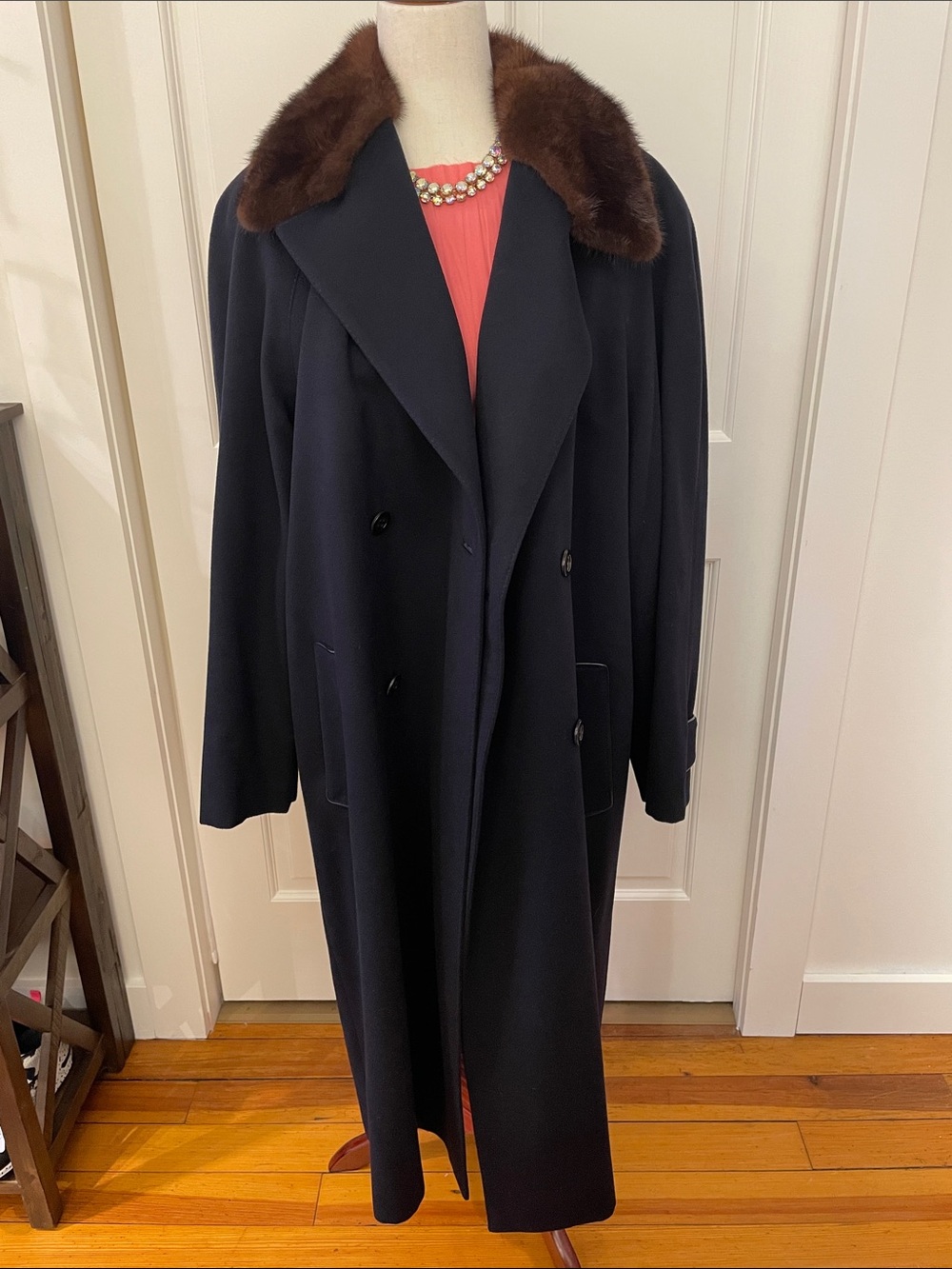 Women's Navy Pea Coat with Brown Fur Collar Giorgio Of Palm Beach